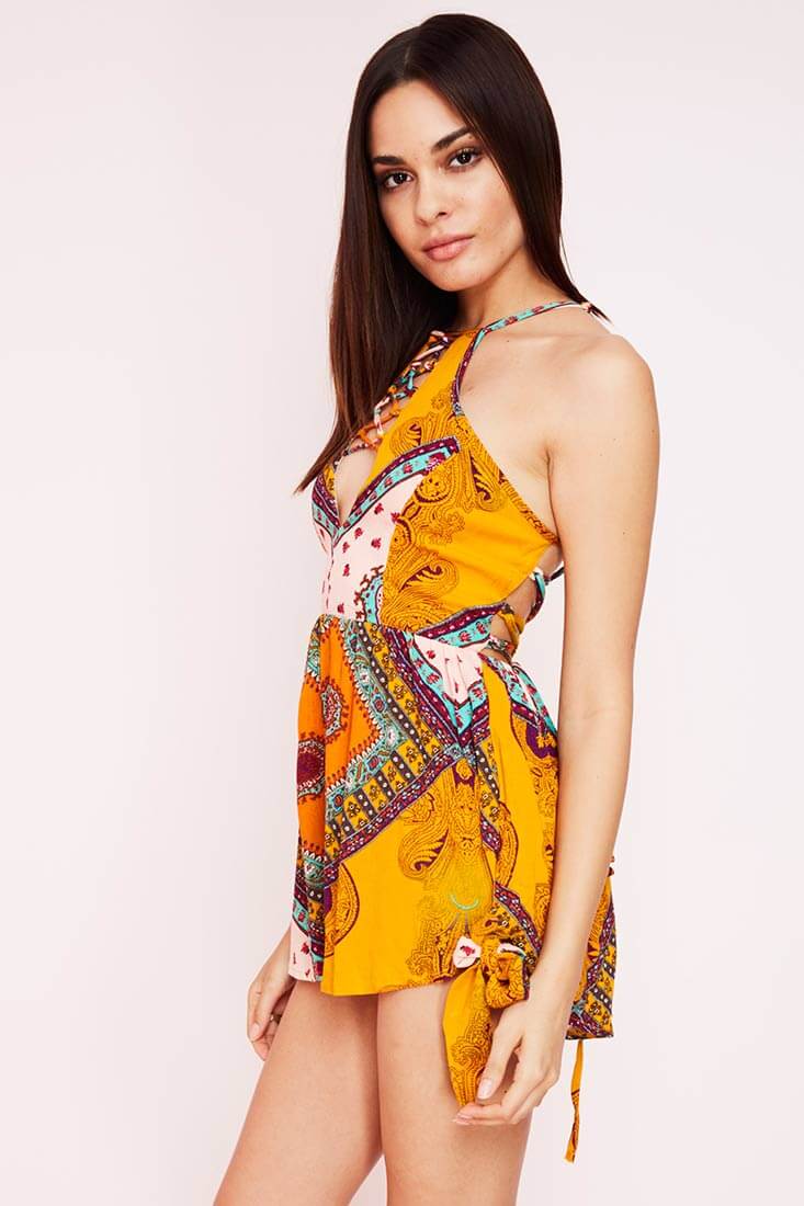 Orange Romper with Halter Neck and Paisley Print