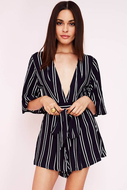 Navy Blue Romper with Plunging V-Neck and Striped Belted Waist