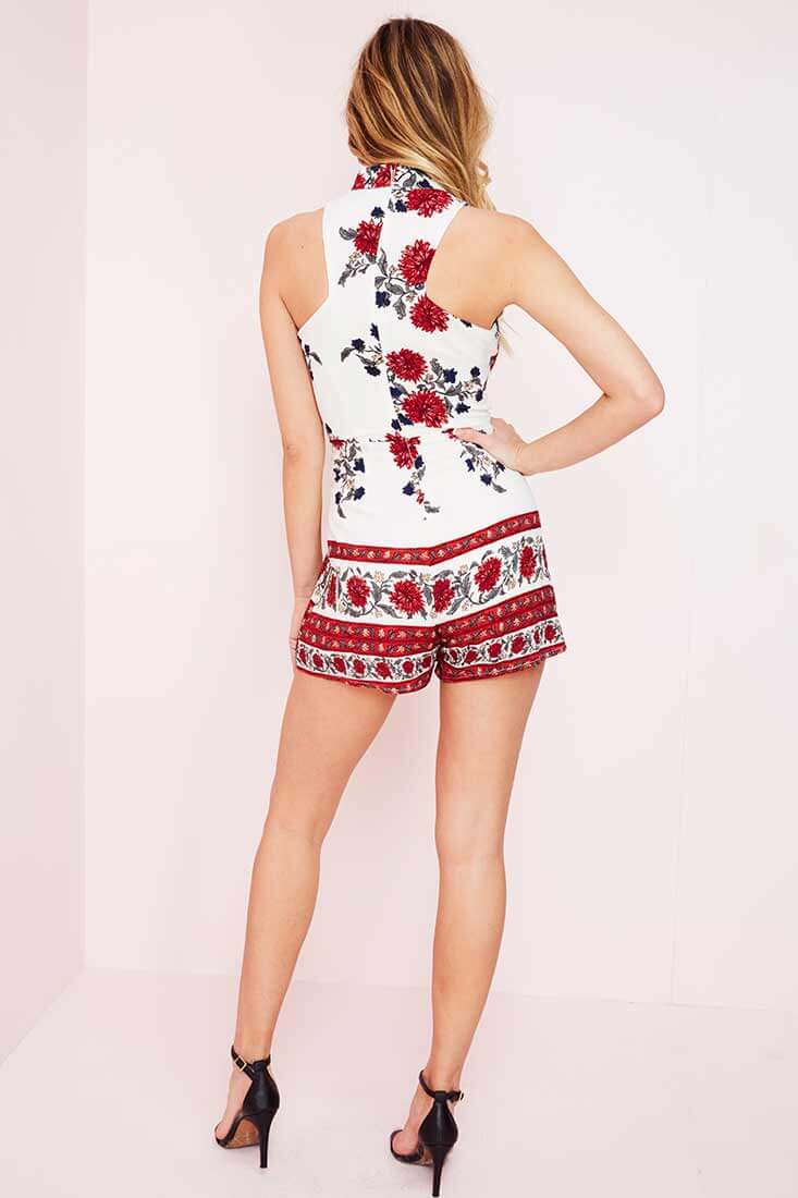 White Romper with Red Floral Print and Choker Neck