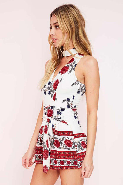 White Romper with Red Floral Print and Choker Neck