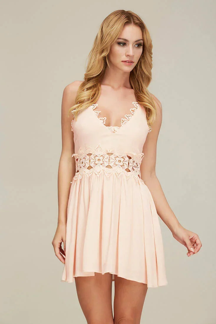 Pink Mini Dress with V-Neck and Crochet Waist Trim