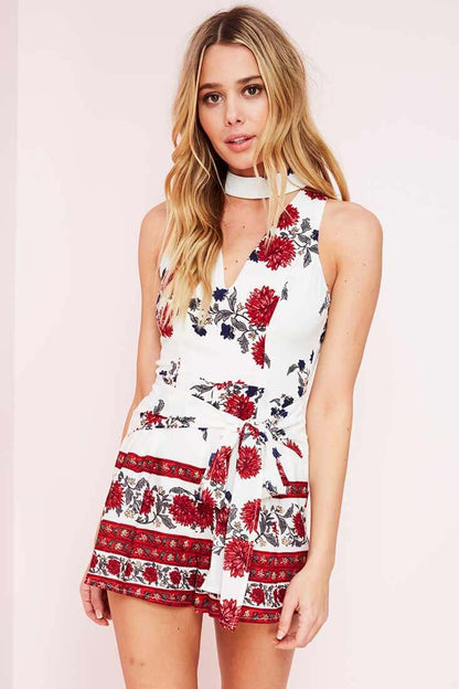 White Romper with Red Floral Print and Choker Neck
