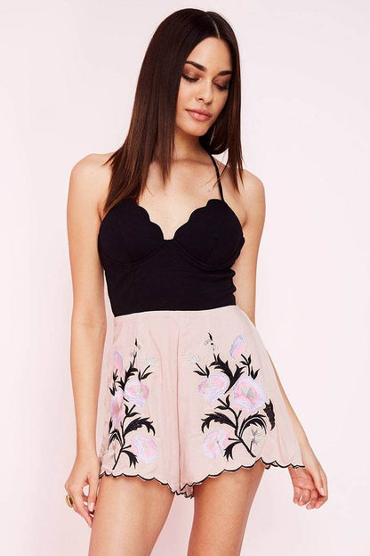 Black and Pink Romper with Scalloped Neckline and Floral Embroidery