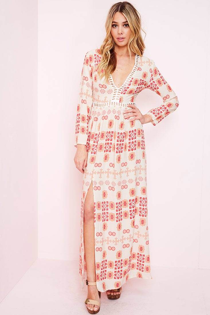 White Maxi Dress with Red Print and High Slit