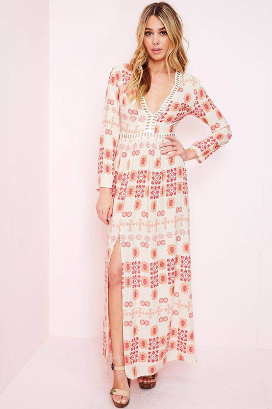 White Maxi Dress with Red Print and High Slit