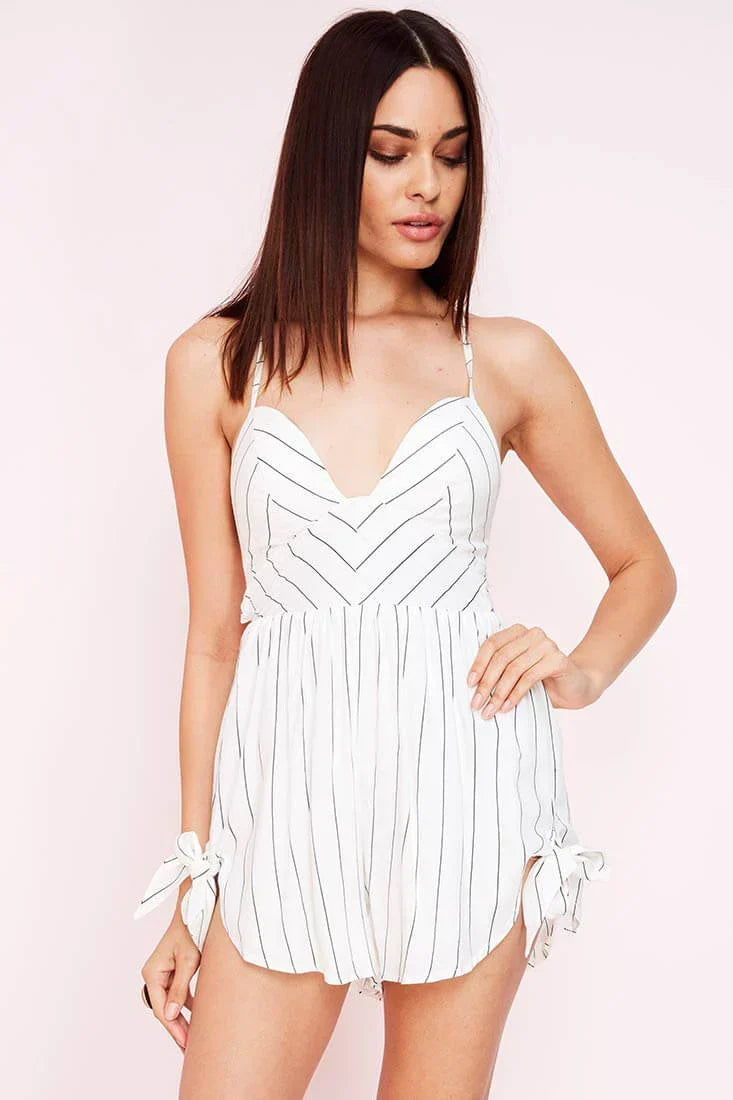 White Romper with V-Neck and Striped Tie Cuffs