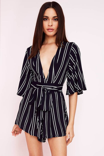 Navy Blue Romper with Plunging V-Neck and Striped Belted Waist