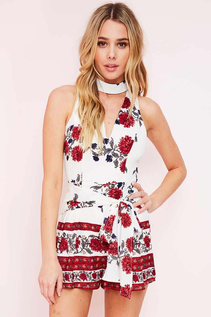 White Romper with Red Floral Print and Choker Neck