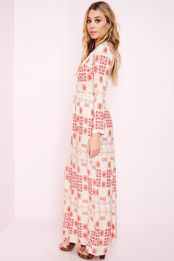 White Maxi Dress with Red Print and High Slit