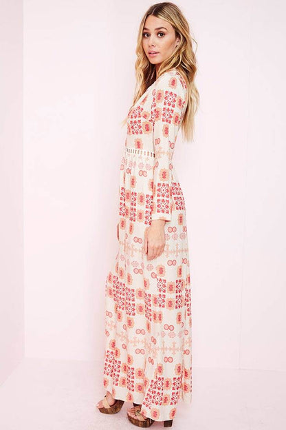White Maxi Dress with Red Print and High Slit