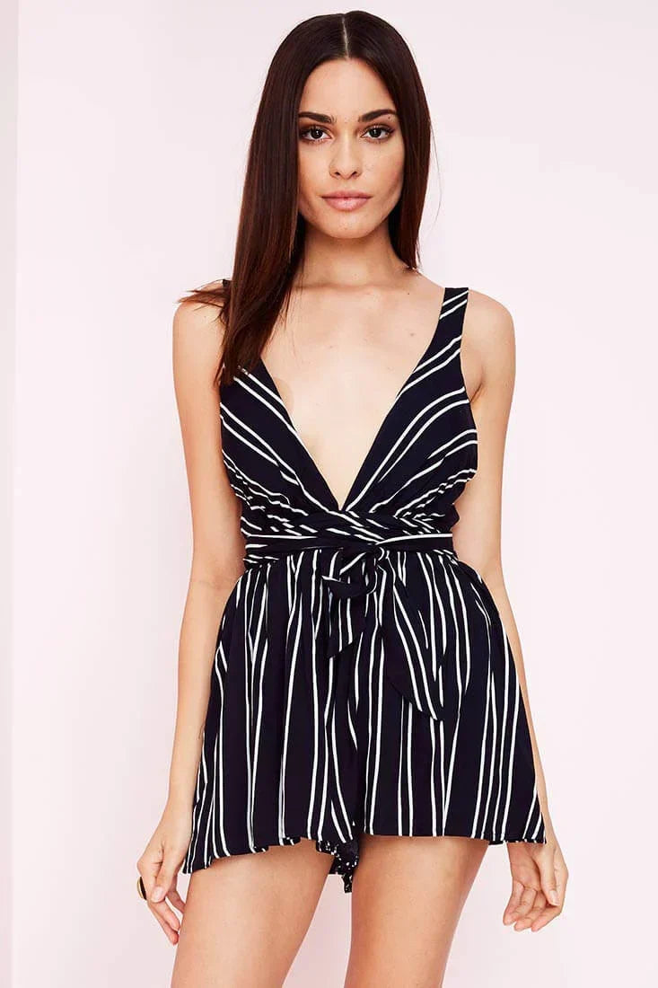 Navy Blue Romper with Plunging V-Neck and Striped Tie Waist