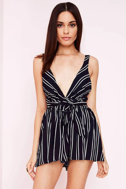 Navy Blue Romper with Plunging V-Neck and Striped Tie Waist