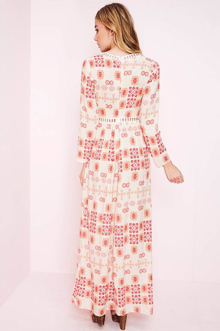 White Maxi Dress with Red Print and High Slit