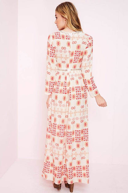 White Maxi Dress with Red Print and High Slit