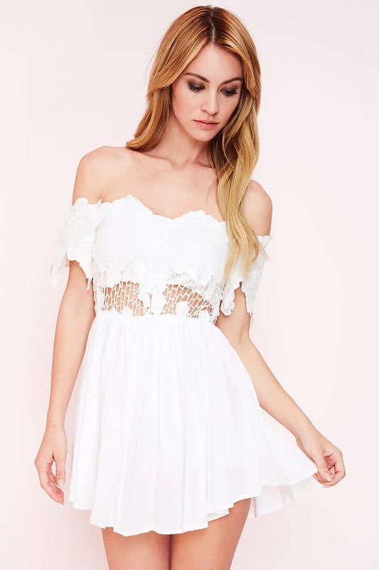 White Romper with Off-the-Shoulder Lace Trim