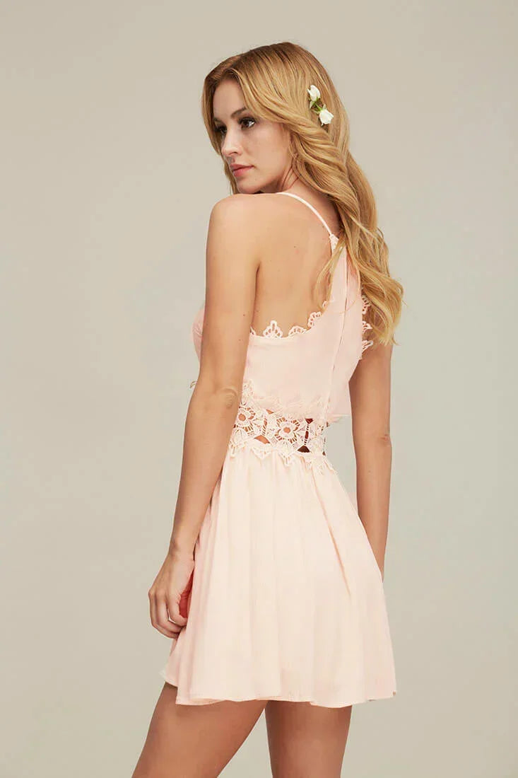 Pink Mini Dress with V-Neck and Crochet Waist Trim