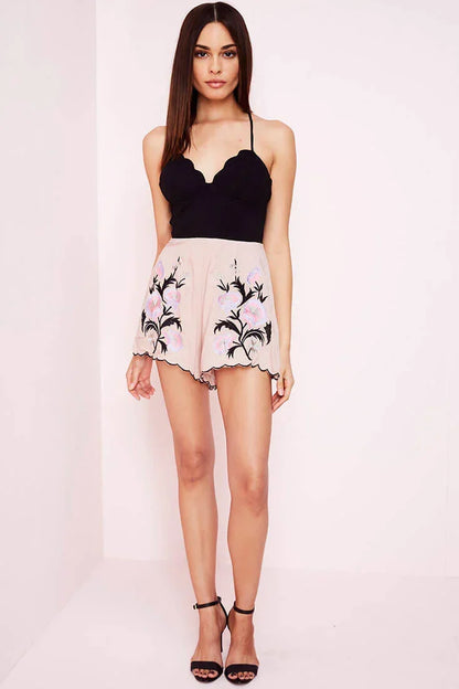 Black and Pink Romper with Scalloped Neckline and Floral Embroidery