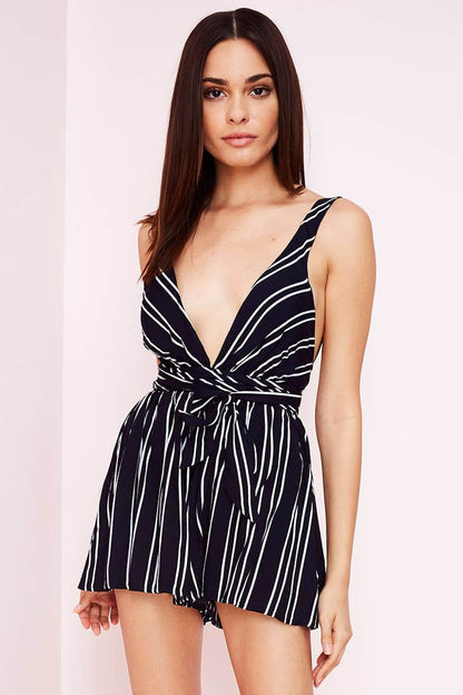 Navy Blue Romper with Plunging V-Neck and Striped Tie Waist