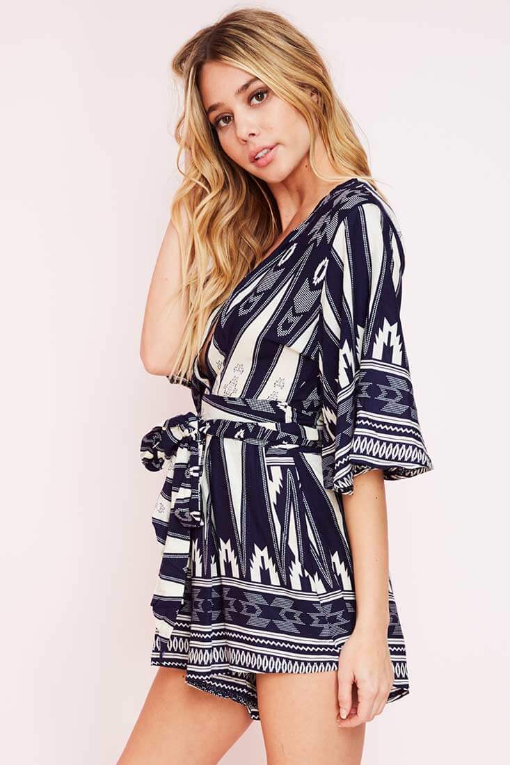 Navy Blue Romper with V-Neck and Aztec Print Tie Waist