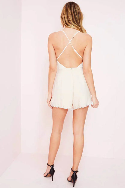 White and Beige Romper with Scalloped Neckline and Floral Embroidery