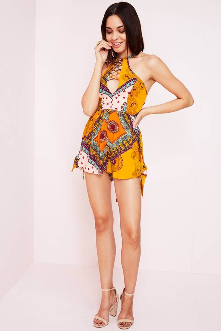 Orange Romper with Halter Neck and Paisley Print