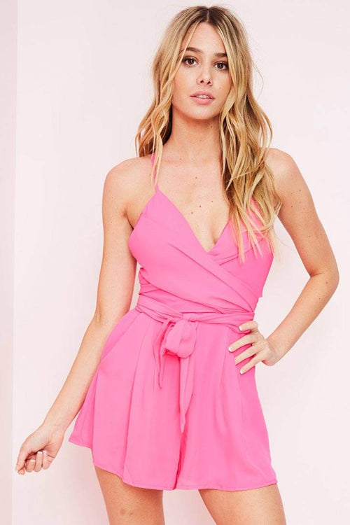 Hot Pink Romper with V-Neck and Wrap Tie Waist