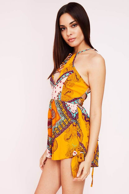 Orange Romper with Halter Neck and Paisley Print