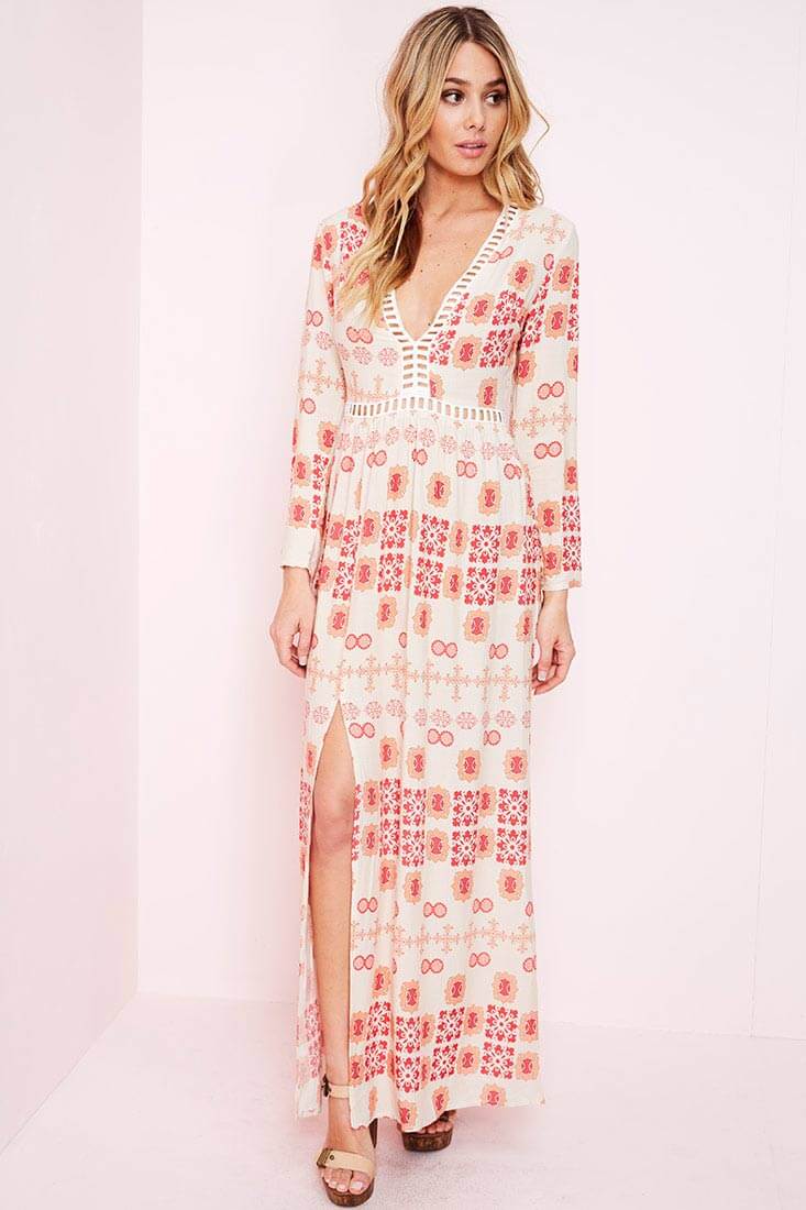 White Maxi Dress with Red Print and High Slit