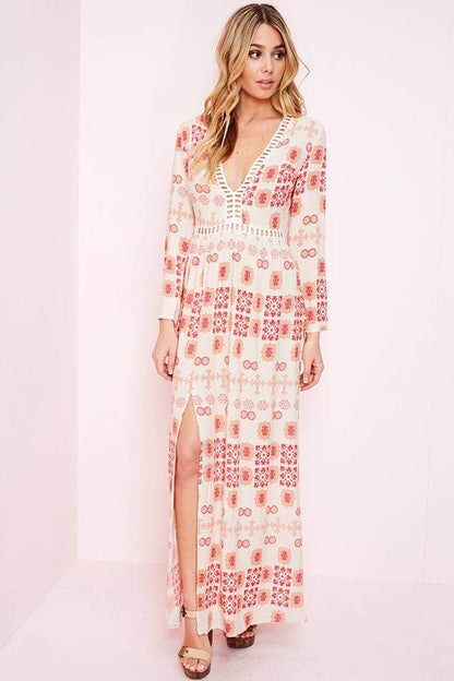 White Maxi Dress with Red Print and High Slit