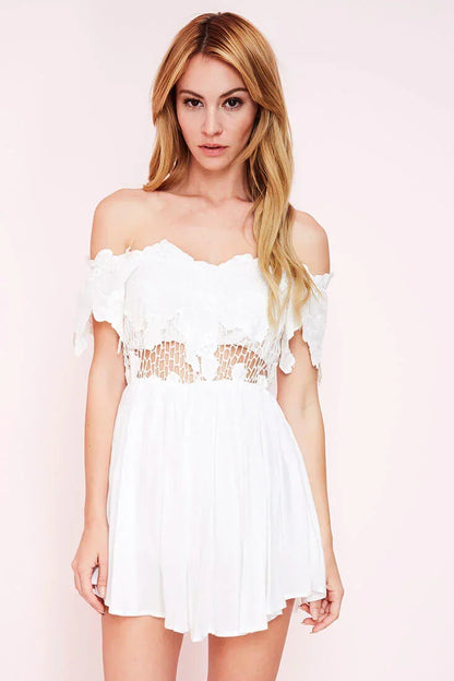 White Romper with Off-the-Shoulder Lace Trim