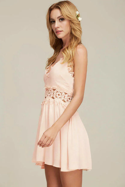 Pink Mini Dress with V-Neck and Crochet Waist Trim