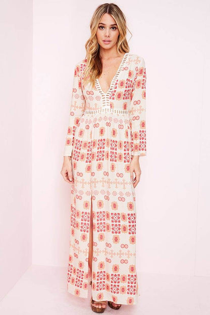 White Maxi Dress with Red Print and High Slit