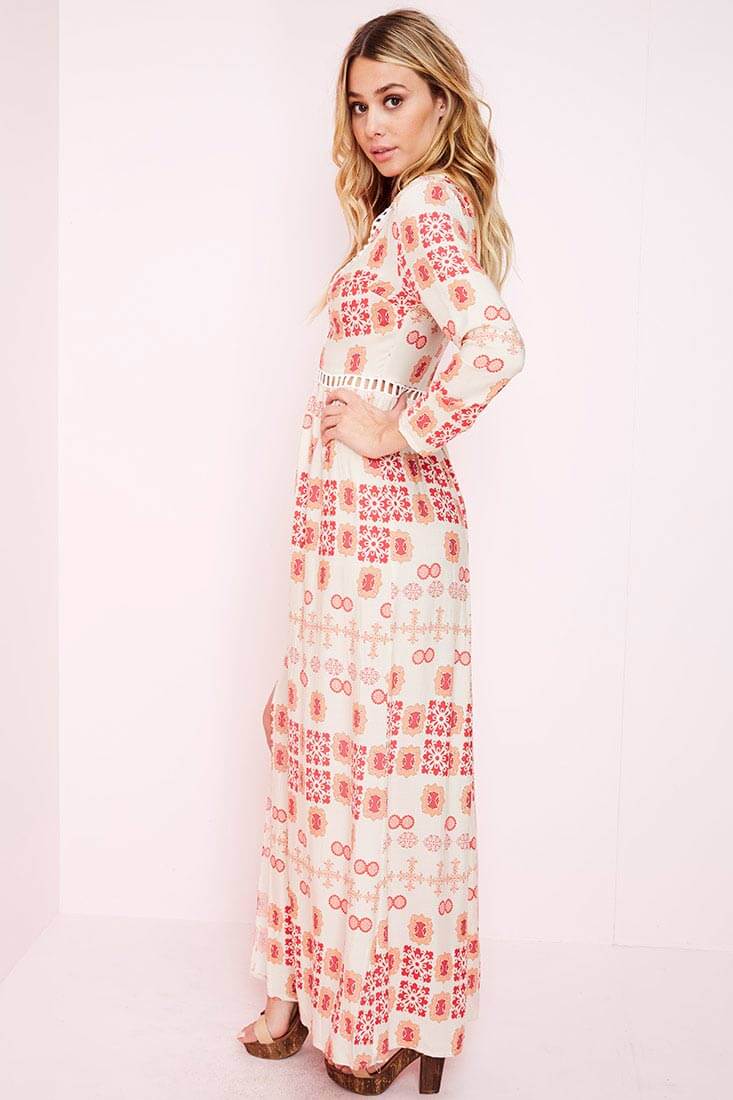White Maxi Dress with Red Print and High Slit