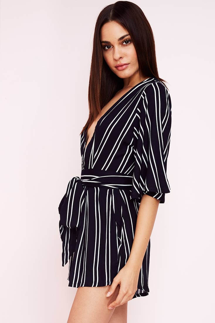 Navy Blue Romper with Plunging V-Neck and Striped Belted Waist