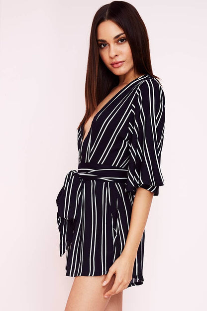 Navy Blue Romper with Plunging V-Neck and Striped Belted Waist