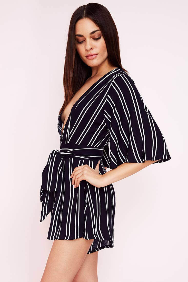 Navy Blue Romper with Plunging V-Neck and Striped Belted Waist