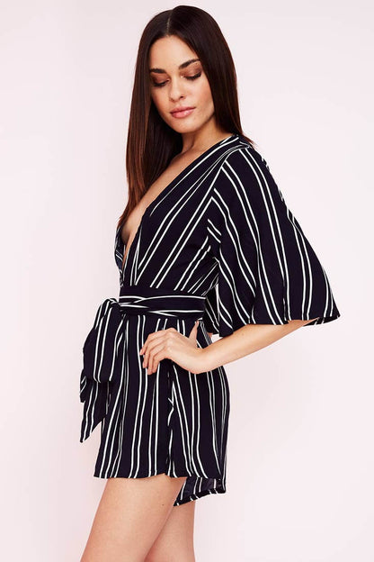 Navy Blue Romper with Plunging V-Neck and Striped Belted Waist