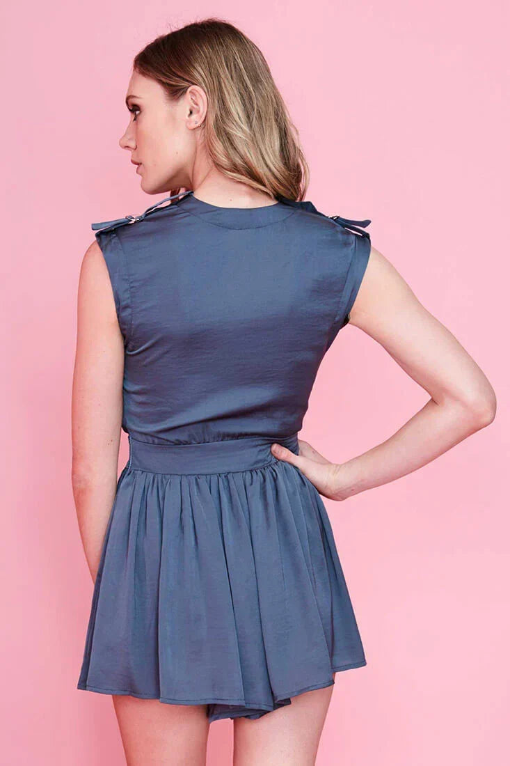 Navy Blue Romper with V-Neck and Shoulder Ties